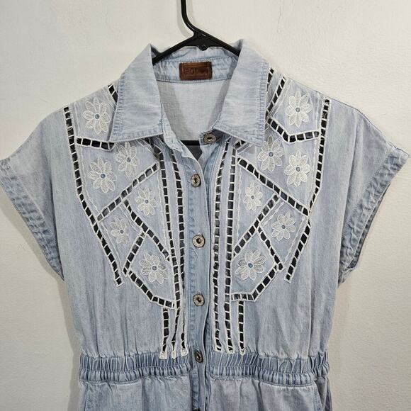 POL Denim Button Front Elastic Waist Cotton Midi Dress Size Small - Picture 5 of 8